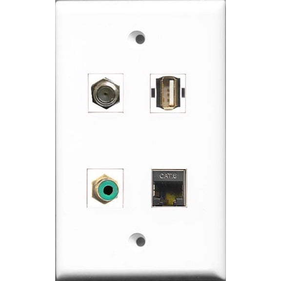RiteAV 1 Port RCA Green and 1 Port Coax Cable TV- F-Type and 1 Port USB A-A and 1 Port Shielded Cat6 Ethernet Wall Plate