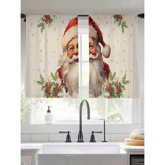 Christmas Cute Sheer Curtains 45 inches Long 2 Panels Set Santa Claus Winter Snowflake Tiers Sheers Rod Pocket Small Window Short Curtains for Kitchen Cafe, Each 52" W x 45" L