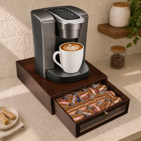 CheerNest Solid Wood Coffee Pod Organizer Drawer for 30 K-Cups, Farmhouse Coffee Maker Stand with Corrugated Acrylic Front