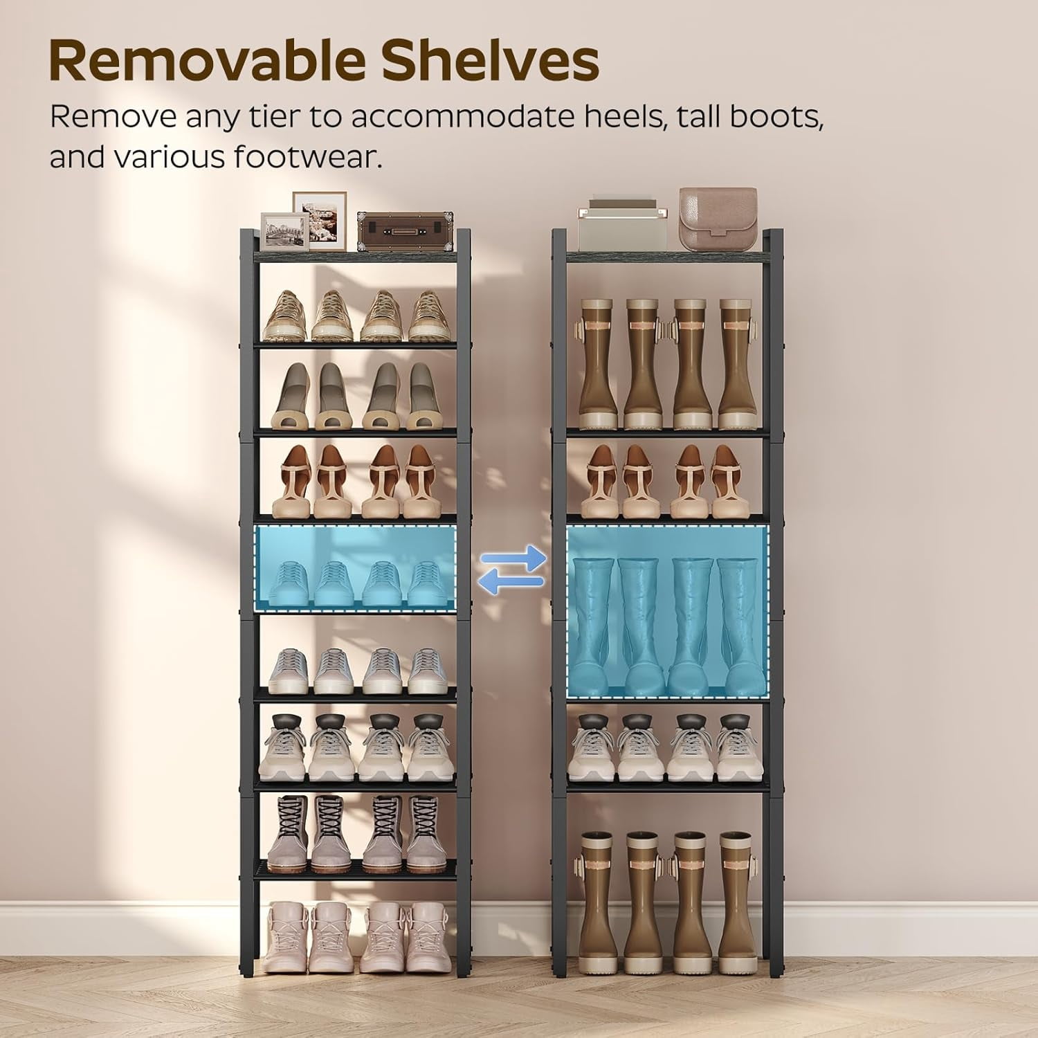 8-Tier Narrow Shoe Rack, Tall Shoe Rack for 8-16 Pairs, Slim Shoe Storage Organizer with Wooden Top, Space Saving, Metal Frame, for Entryway