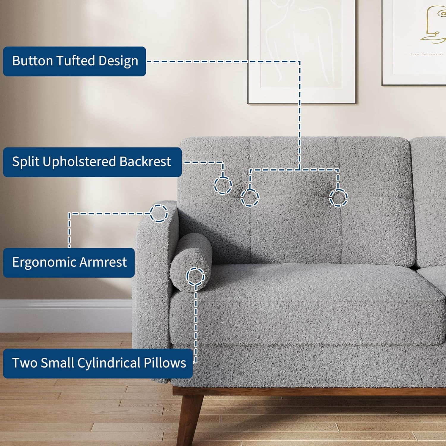 IdealHouse 65" Loveseat Sofa, Mid Century Modern 2-Seater Couch, Teddy Fleece Boucle Upholstered, Deep Seat Love Seat for Living Room, Bedroom, Grey