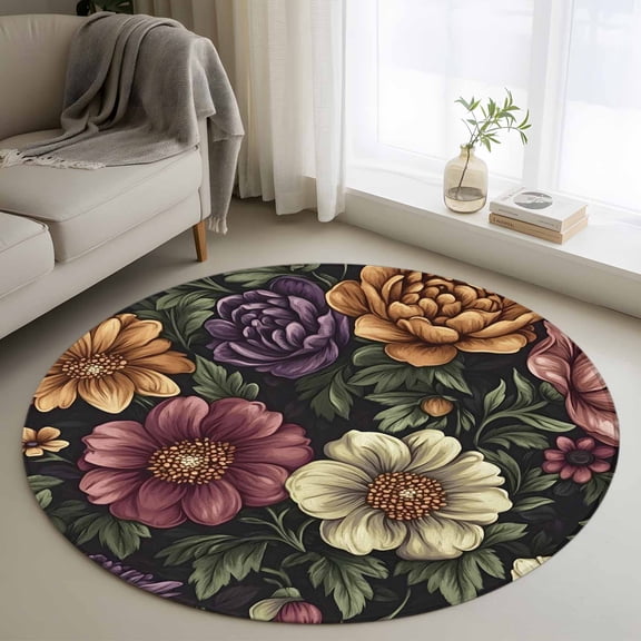 Round Rugs 3Ft, Sunflower Round Area Rug Washable Indoor Throw Carpet, Watercolor Flower Plant Vintage Leaf Small Non Slip Circle Rug for Bedroom Living Room Home Decor Aesthetic