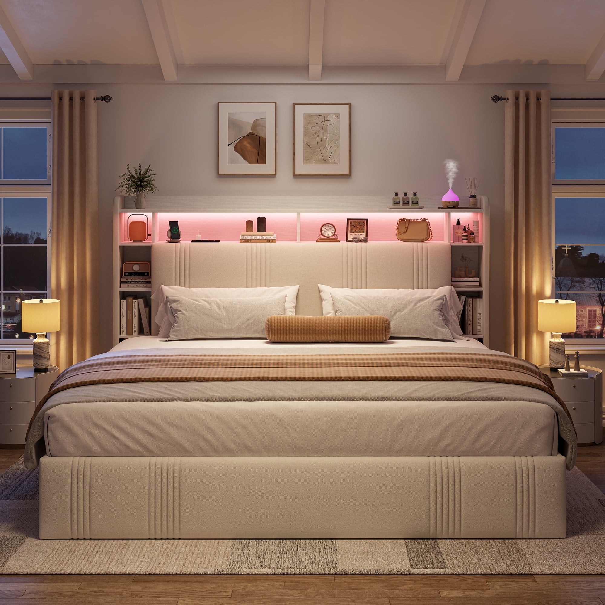 EnHomee King Size Bed Frame with 4 Drawers & 3-Tier Storage Shelf Upholstered Bed Frame King with Headboard & LED Lights & Charge Station,Beige