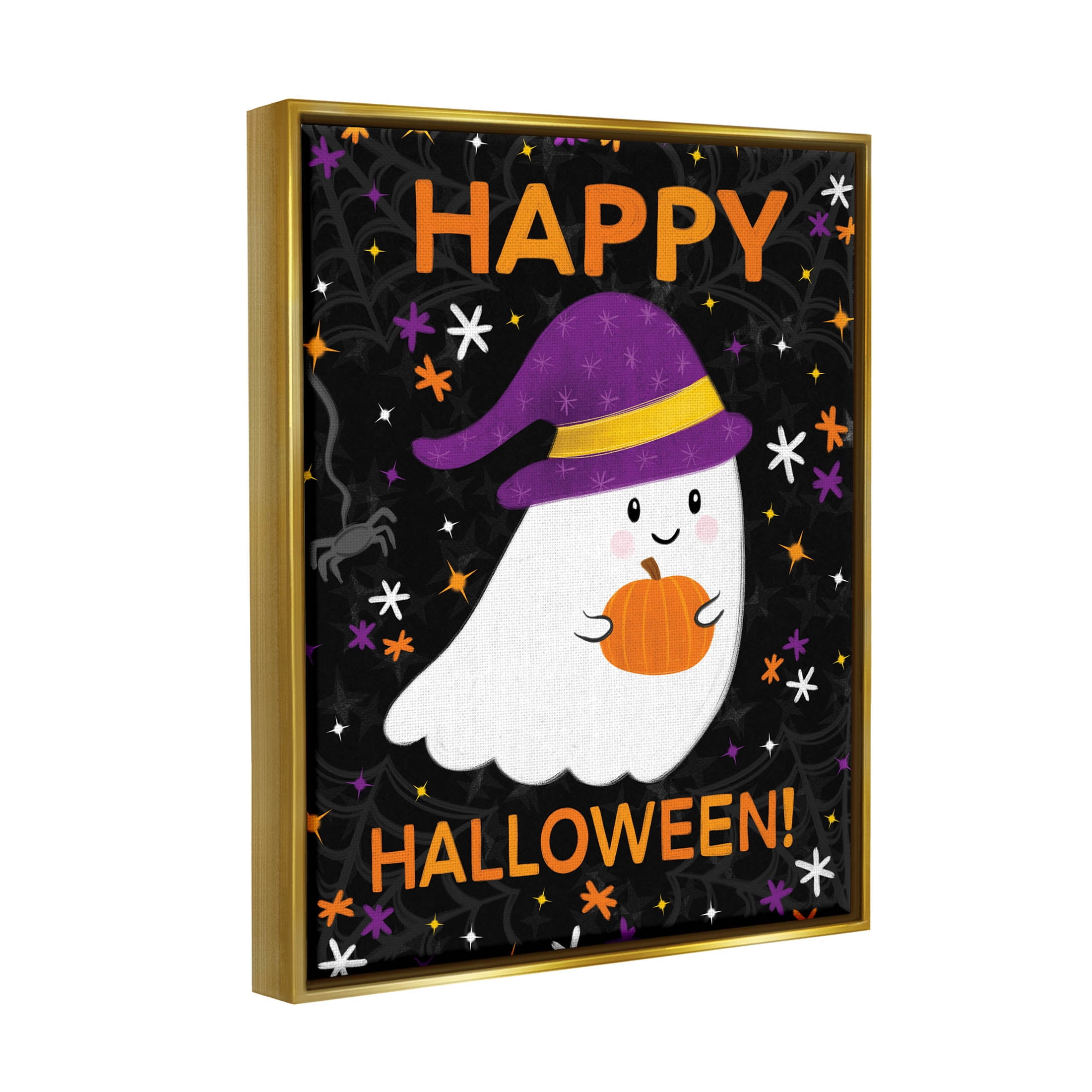 Stupell Industries Happy Halloween Happy Ghost Graphic Art Metallic Gold Floating Framed Canvas Print Wall Art, Design by Emily Cromwell