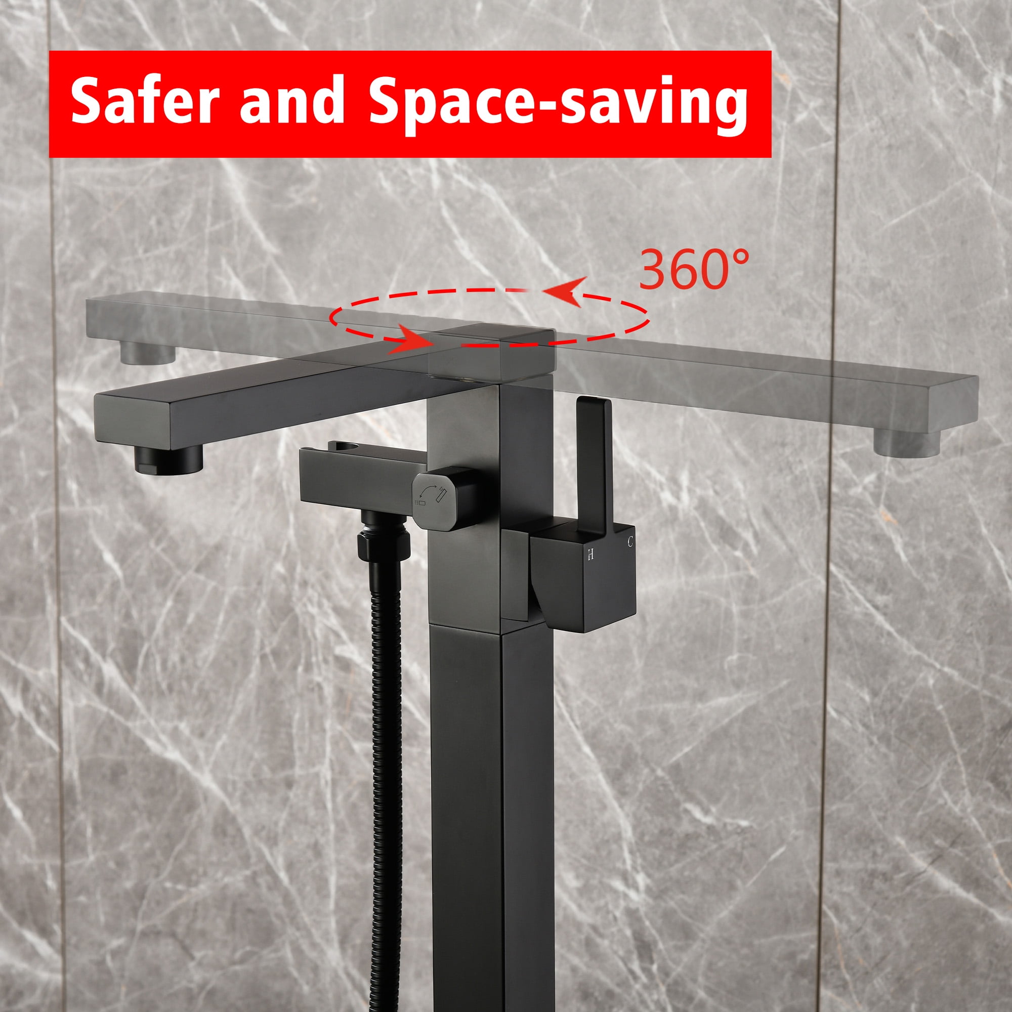SUMERAIN Floor Mount Bathtub Filler Faucet with Hand Shower, Matte Black High Flow Freestanding Bathroom Tub Faucet with 360-degree Swivel Spout