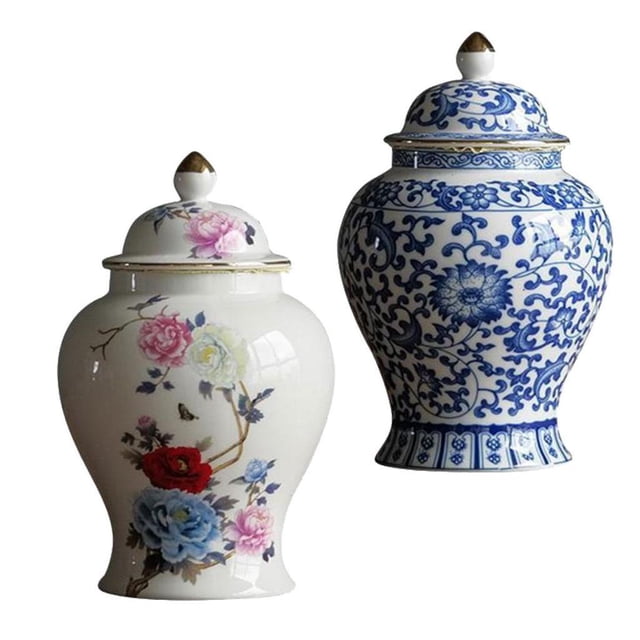 Jarrón de cerámica chino de 2 piezas para decoración de sala de estar, 1300 ml Estilo D