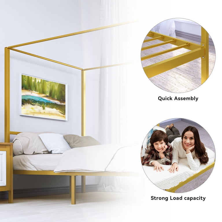 Uforic 4-Poster 14-inch Queen Size Gold Metal Canopy Bed Frame