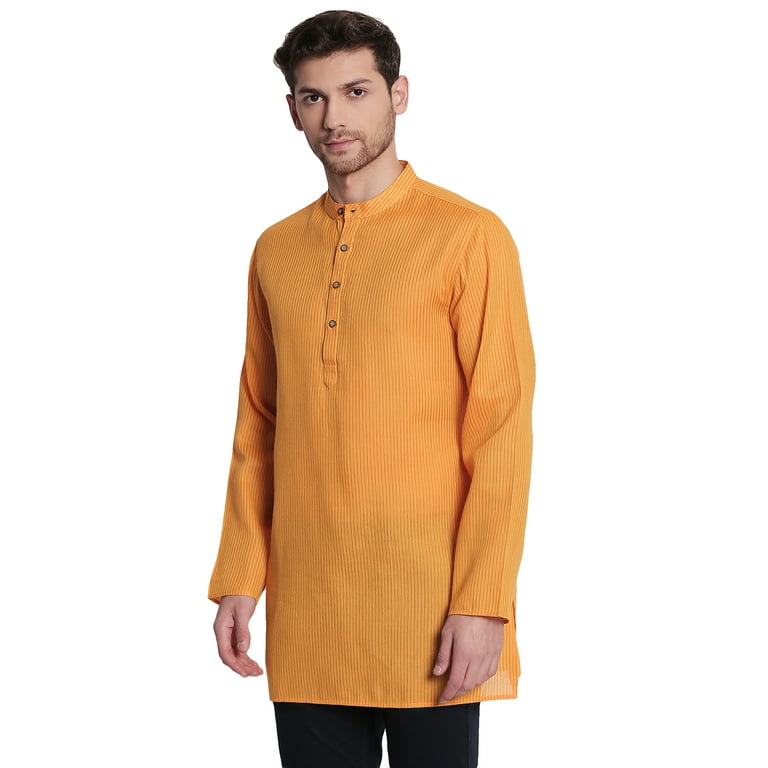 Shatranj Men s Indian Banded Collar Fine Autumn Stripe Mid length Kurta Tunic Mustard LG