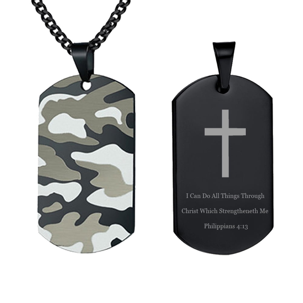 LiFashion Personalized Bible Verse Military Necklace,Stainless Steel Customized Blue Black Camo Dog Tag Pendant Bible Scripture Christian Inspirational Jewelry Religious Baptism Gift for Men Women