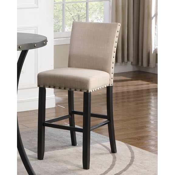 Set of 2 Tan Fabric Bar Stools with Nailhead Trim for Kitchen Counter - Wood Frame, 30 Seat Height