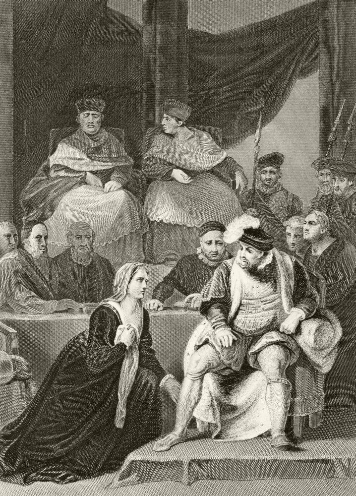 Catherine Of Aragon Kneeling Before Her Husband King Henry Viii Of England At The Trial Of Their Marriage From The National And Domestic History Of England By William Aubrey Published London Circa 189