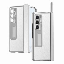 Dteck Kickstand Case for Galaxy Z Fold 5 5G, Hinge Protection Full Body & Built-in Screen Protector, Shockproof Plating PU Leather Stand Case for Samsung Galaxy Z Fold 5 2023,Silver