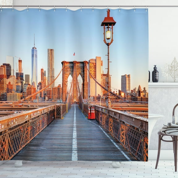 Ambesonne City Shower Curtain, Brooklyn Bridge Manhattan, 69"Wx84"L, Orange Pale Blue Grey