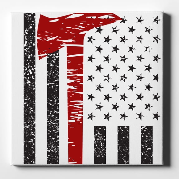 Weathered Thin Red Line US Flag With Axe - 10" x 10" - Decorative Canvas Wall Art - White Edge - 5/8" Gallery Wrapped