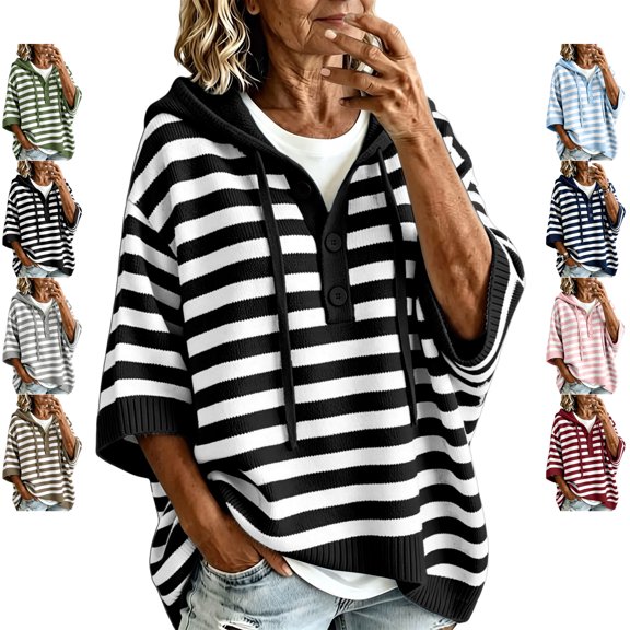 TGSLY Striped Hooded Sweater for Women Lightweight Henley Half Button Down Knit Tops Loose Casual 3/4 Batwing Sleeve Fall Winter Pullovers L