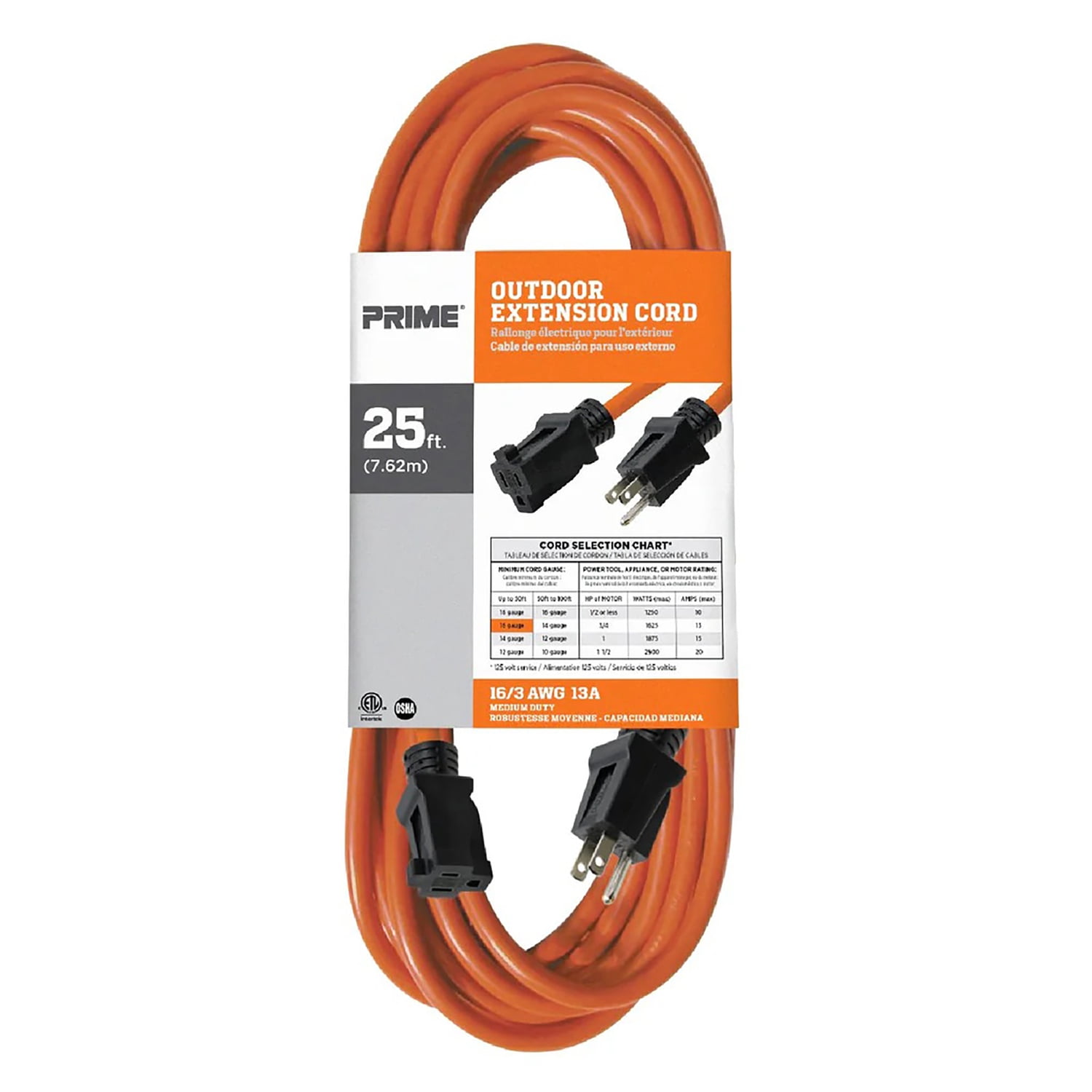 Prime Wire & Cable Outdoor Extension Cord, 25ft., 16/3 Gauge, 13 Amps, Orange, Model# EC501625