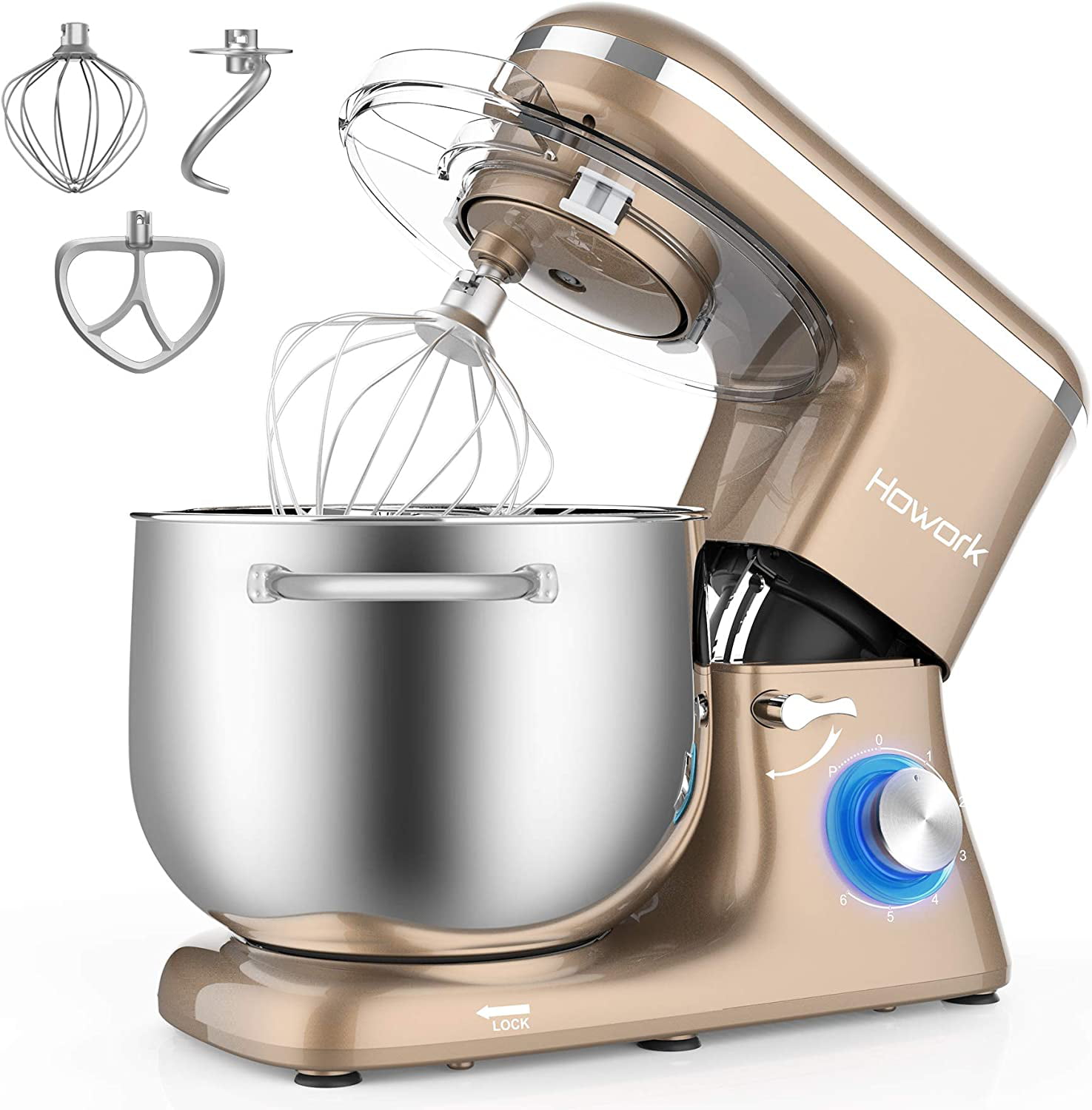 HOWORK Stand Mixer, 8.45 QT Bowl 660W Food Mixer, Multi Functional Kitchen Electric With Hook, Whisk, Beater (8.45 QT, Champagne Gold) - Walmart.com