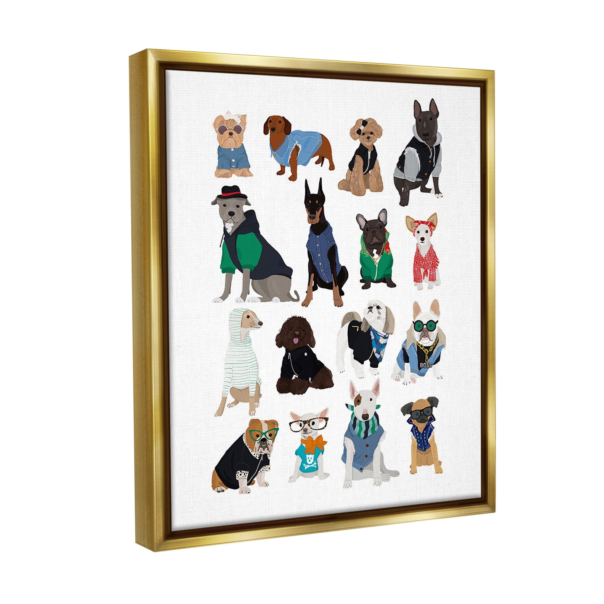 Stupell Industries Dogs with Various Fashion Animals & Insects Painting Gold Floater Framed Canvas Art Print Wall Art, 25 x 31