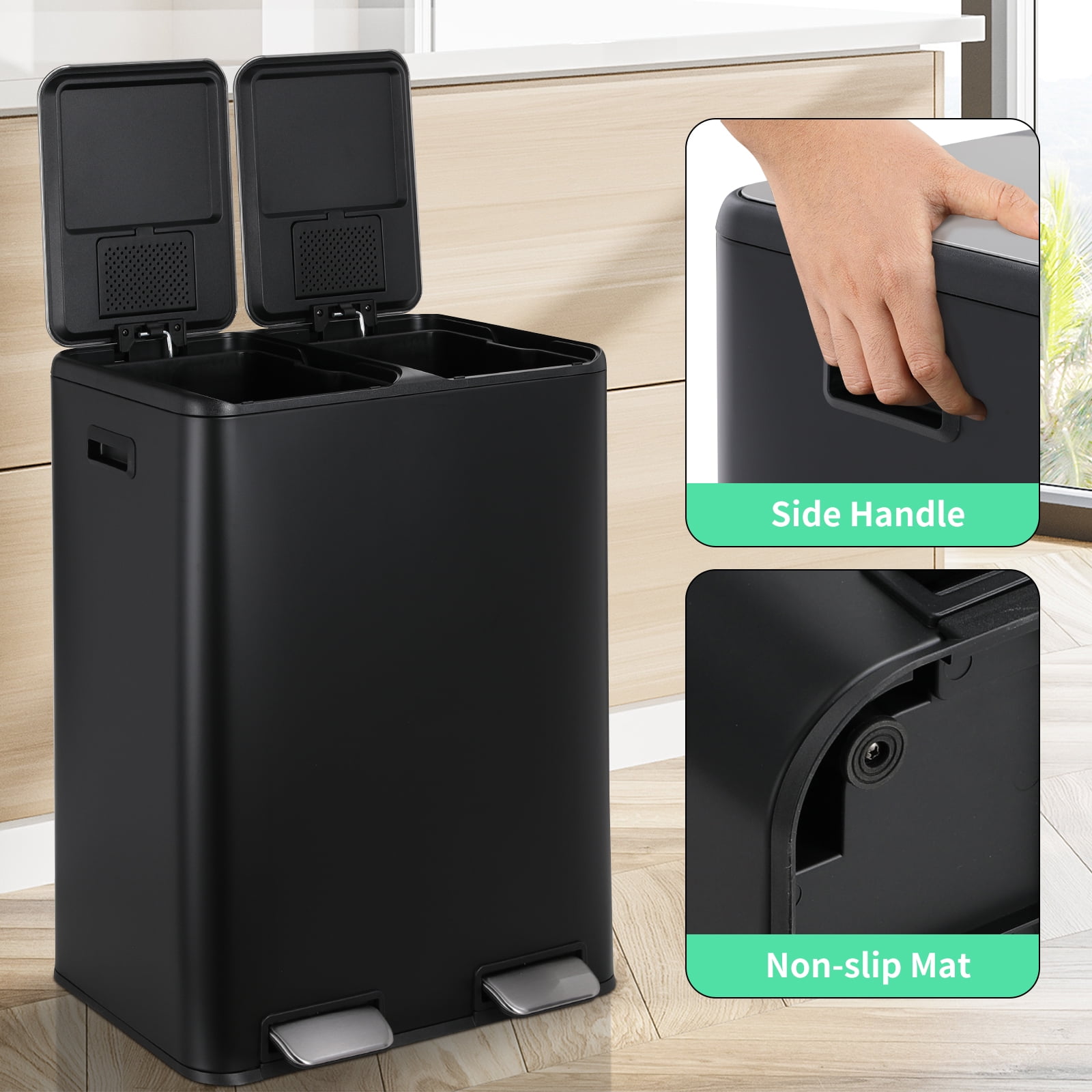 TLSUNNY 16 Gal Double Step Trash Can, Dual Compartment Recycling Bin with Odor Control Box, for Office/Home/Kitchen