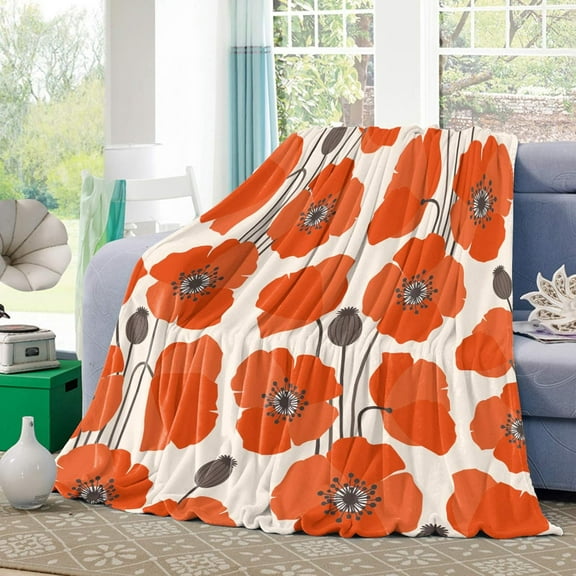 Throw Blanket- Watercolor Red Poppy Soft Warm Plush Fleece Bed Throw,60x80In Flannel Blankets Red Blossoms Flowers Bedding Throws for Women/Men Bedroom Living Room Office Decor Retro Abstract Bouquet