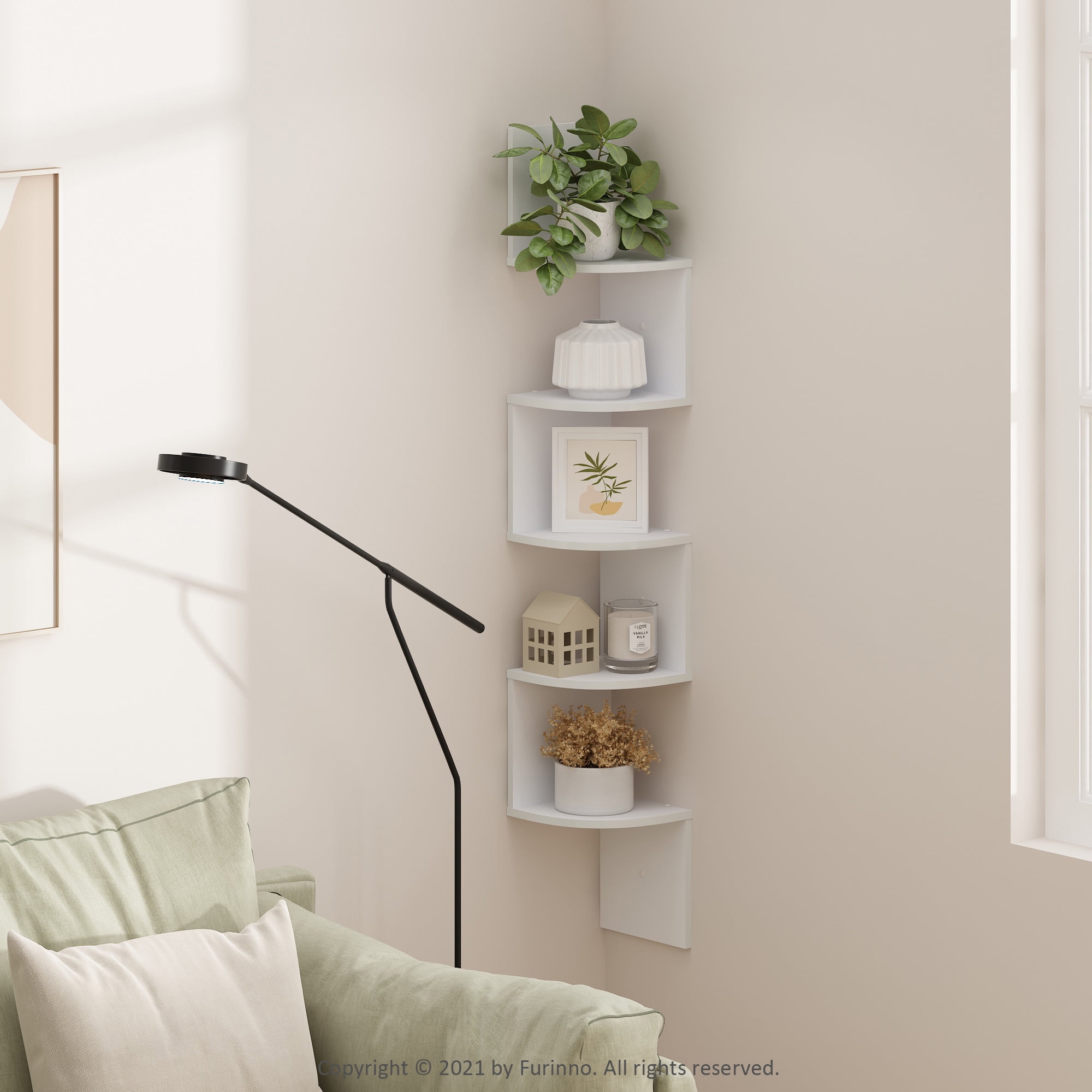 Furinno Rossi 5-Tier Wall Mount Floating Radial Corner Shelf, White