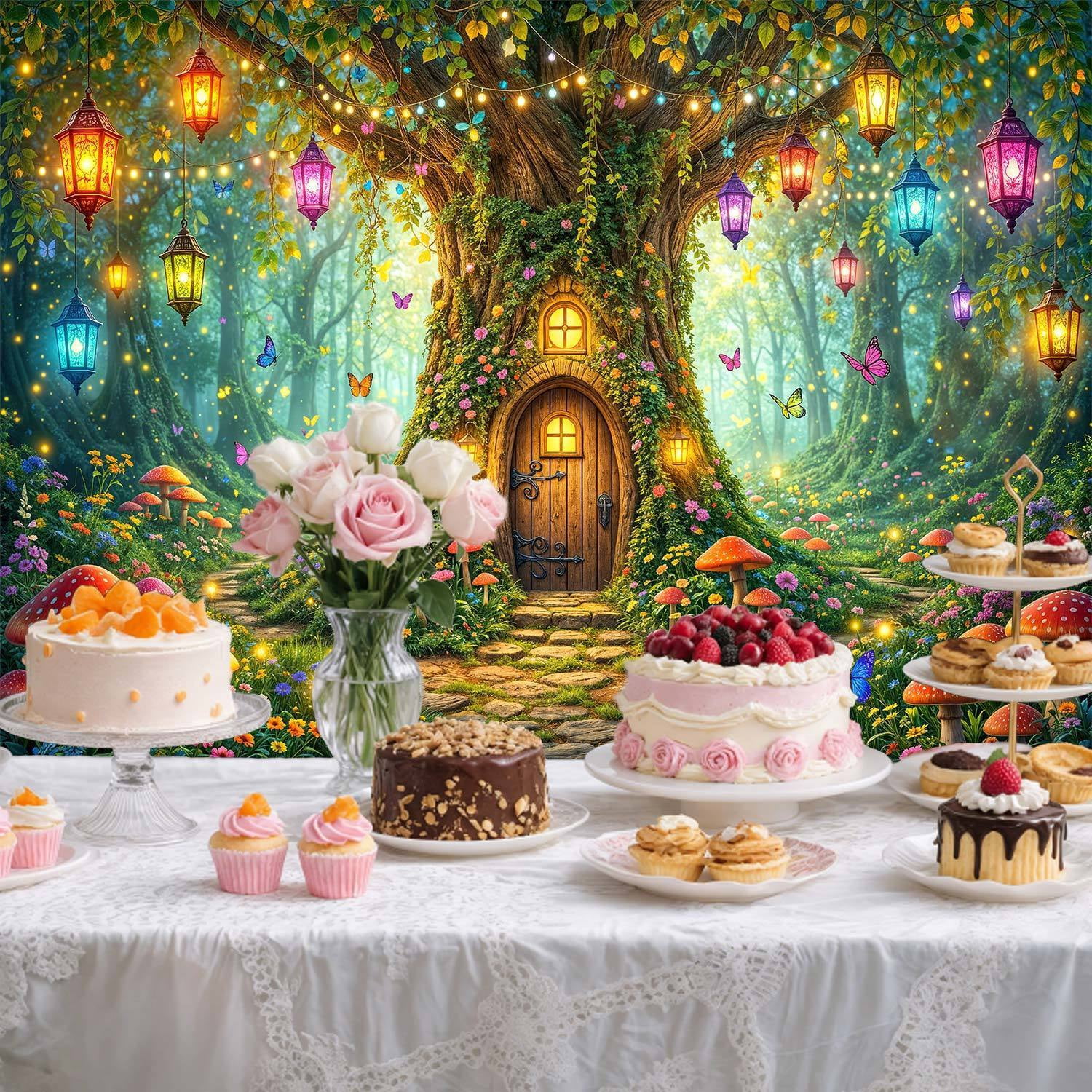 Enchanted Forest Fairy Treehouse Photography Backdrop, Magical Mushroom Lantern Butterfly Background for Kids Birthday Party Baby Shower Photo Booth Decorations Banner, 10x8ft