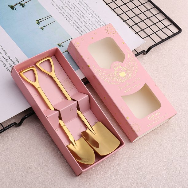 Cucharas de acero inoxidable con forma de pala, 2 piezas, lindas cucharas para té, cucharas para revolver, cucharas para café, cucharas para frutas, cucharas para postre, juego de té, vajilla (dorado)