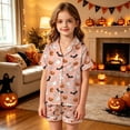 thumbnail image 2 of Toddler Halloween Pajamas, Girls Pajama Set Short Sleeve Button Down Silky Satin Boys Girls PJS Kids Sleepwear Soft Summer Nightwear Loungewear Set Halloween Gifts for 9 Months - 13 Years Kids, 2 of 5