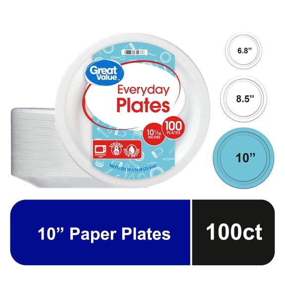 Great Value Disposable Paper Plates, 10", White, 100 Count