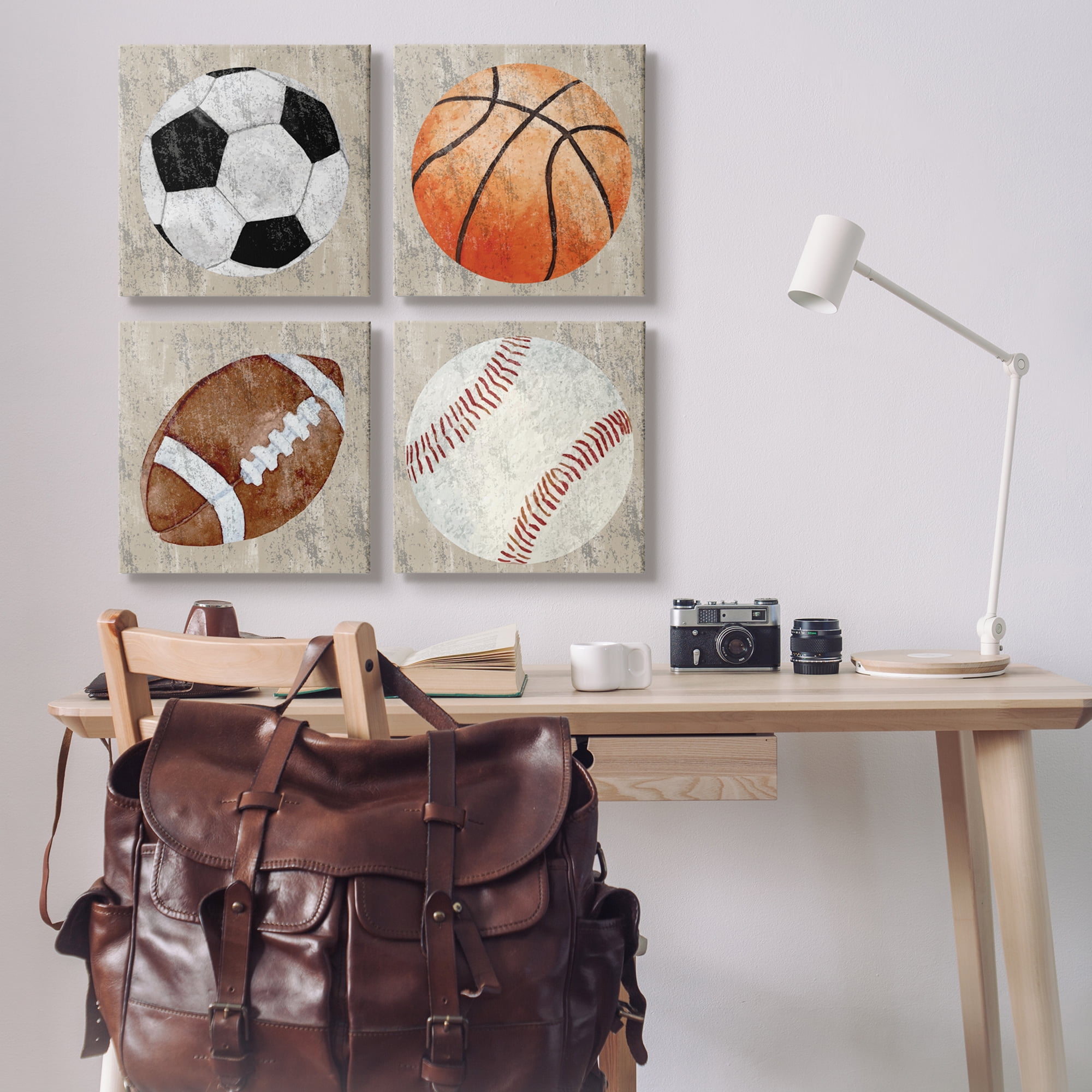 Stupell Industries Various Rustic Sports Balls Art for Kids Painting Gallery Wrapped Canvas Art Print Wall Art, 17 x 17, Set of 4
