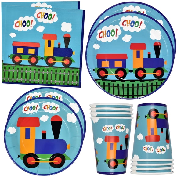 Train Party Supplies Tableware Set 24 9" Plates 24 7" Plate 24 9 Oz. Cups 50 Lunch Napkins Disposable Paper for All Aboard Choo Choo Birthd