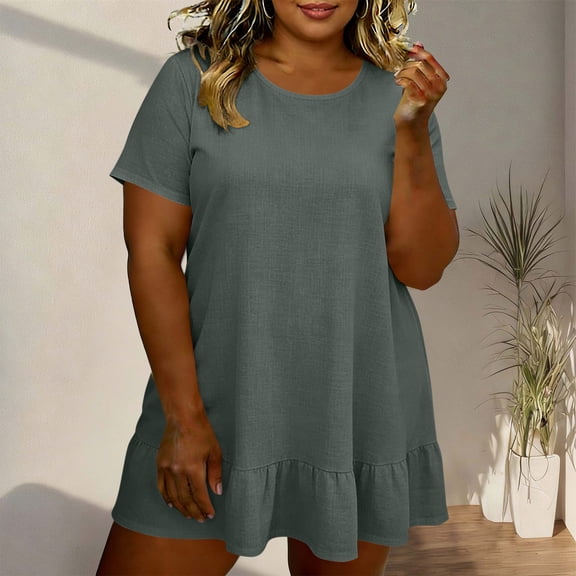 Mifsaly Plus Size Linen Dresses for Women Crewneck Ruffle Hem T-Shirt Dress Comfortable Outdoor Everyday Sundresses XXXL