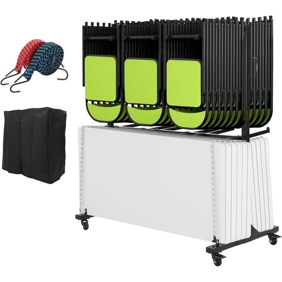 Towallmark 84 Chair, Folding Chair Rack with Cover, Heavy Duty Metal Chair Storage Cart, Multi Function Chair Dolly with PVC Lock Wheels, Folding Table Cart