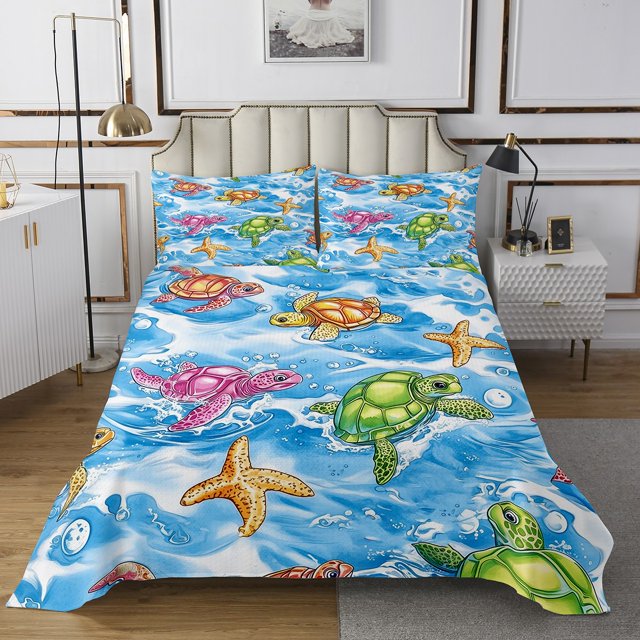 Erosebridal Colorful Sea Turtle Coverlet Set King, Cute Starfish Bedding Set, Cartoon Ocean Decor
