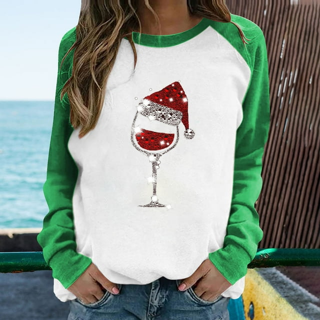 Qertyioot Hauts de Mode pour Femmes, T-Shirt Décontracté à Manches Imprimées de Noël Patchwork de Printemps à Col Rond