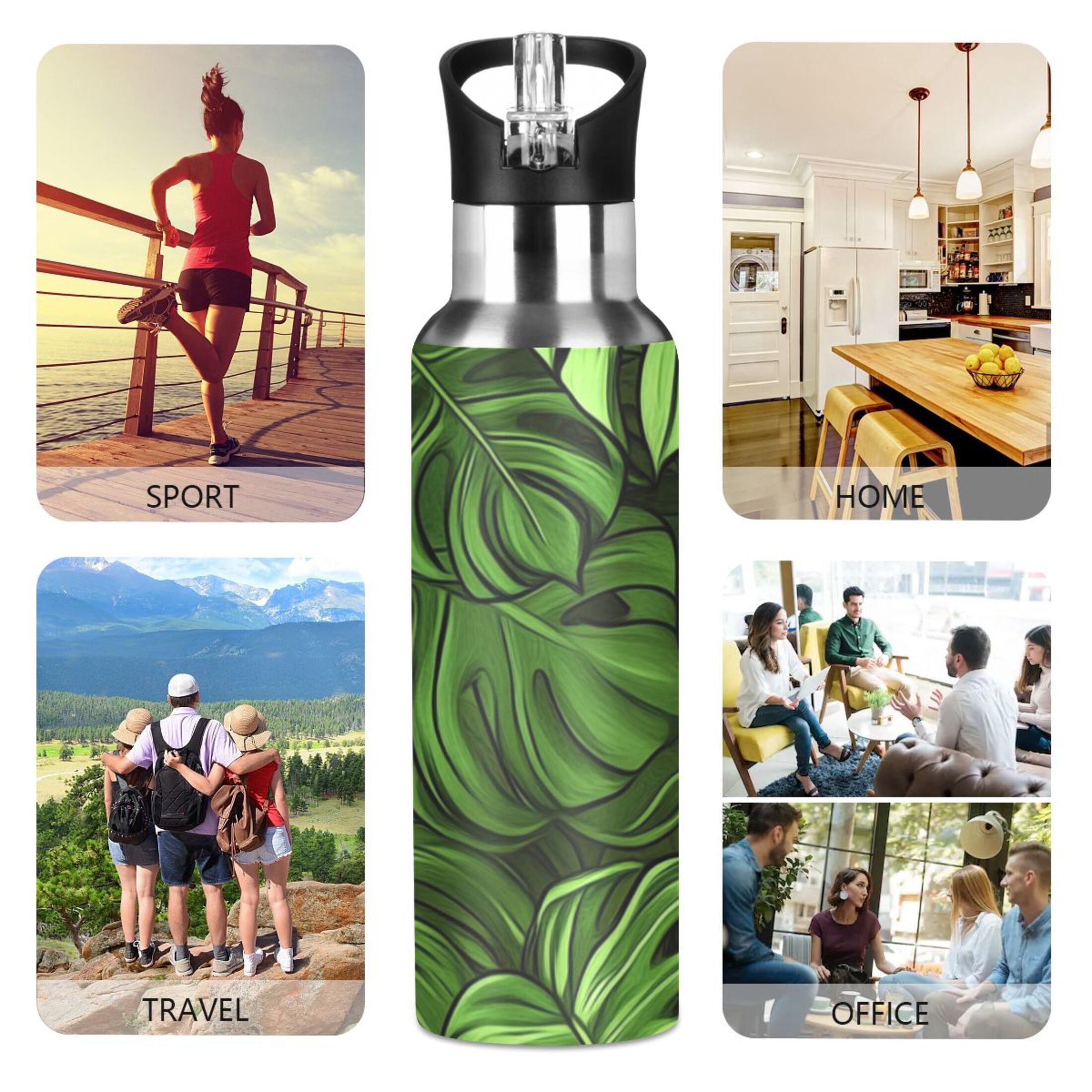 Green Monstera Leaves Sports Bottle with Straw Stainless Steel Water Jug Portable Thermal Cup Leak-proof 1000ML