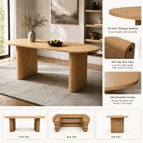 70.8" Oval Dining Table for 4-8 People, Modern Farmhouse Kitchen Table with Wood Strip Base, Natural