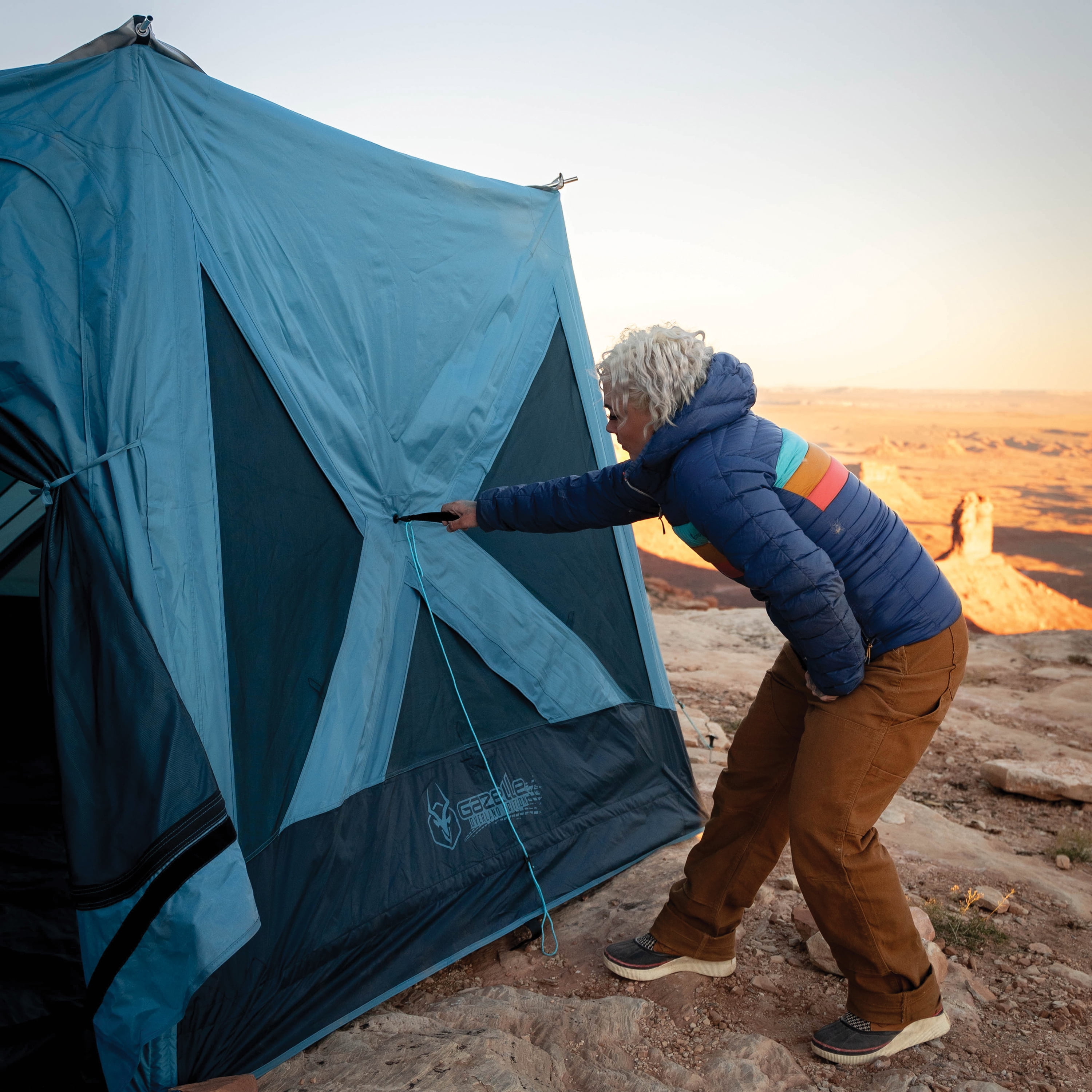 Gazelle Tents™ T-Hex Hub Tent Overland Edition, Waterproof, UV Resistant, TriTech Mesh, Removable Floor, All-Terrain Stakes, Duffle Bag, 7-Person, Pacific Blue, 85”x 144”x 136”