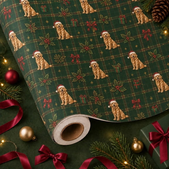 Christmas Wrapping Paper Roll Golden Retriever Plaid Gift Wrap for Dog Lovers
