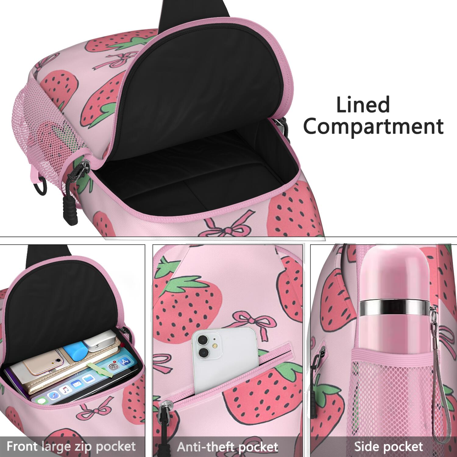 Chest Bag Crossbody Shoulder Bag Adjustable Shoulder StrapTravel Sling Bag for Hiking Dating Gym Cycling Working Strawberry Bow