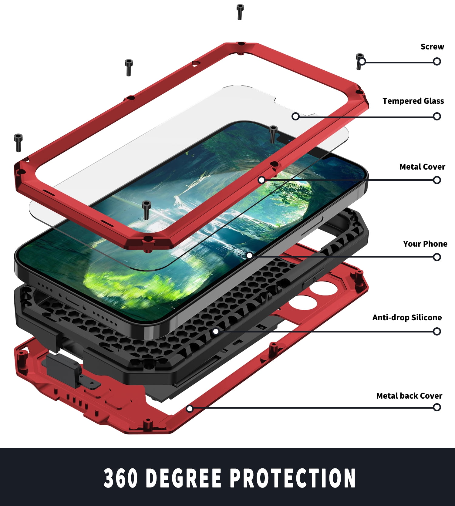 Fit for iPhone 13 Pro Max Case with Built-in Glass Screen Protector, Allytech Full Body Dustproof Life Waterproof Stand Slide Camera Lens Protective Case for iPhone 13 Pro Max 5G 6.7" 2021, Red