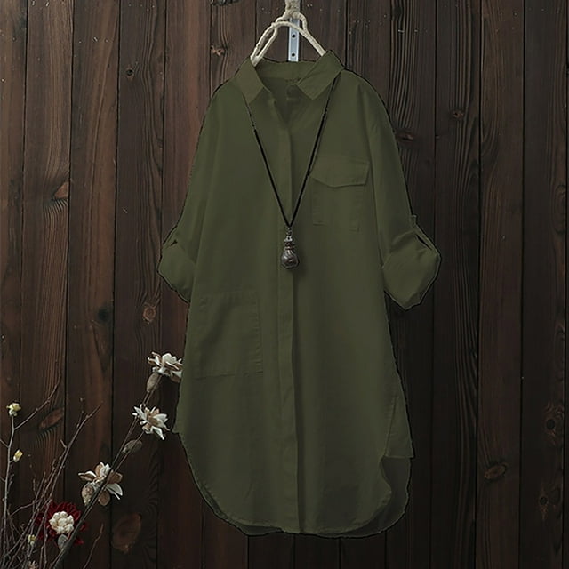 Meichang Womens Button Down Shirts Solid Long Sleeve Roll Up Collared Tops Long Tunic Blouses Oversized Casual Pockets Spring Tops