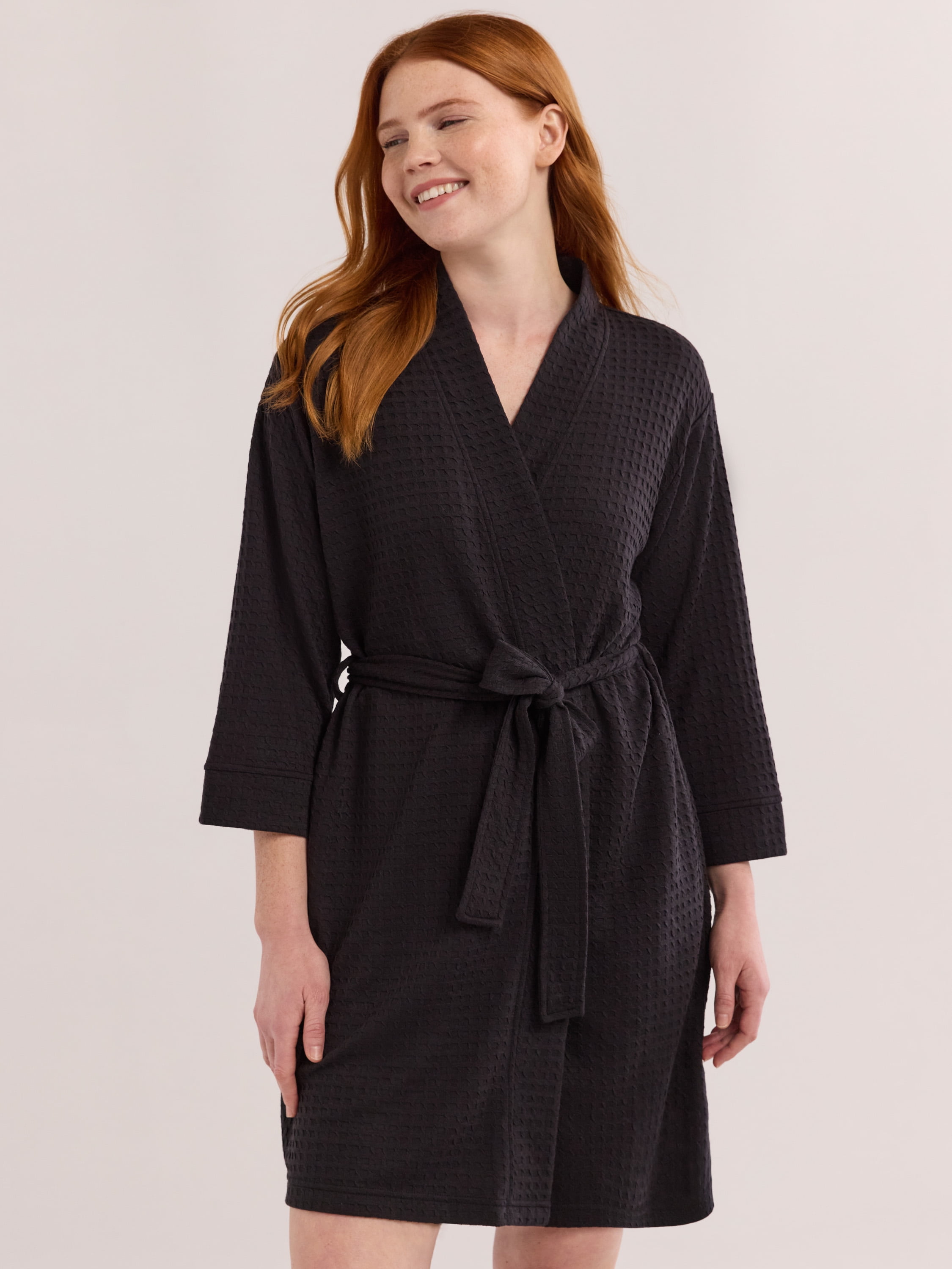 Joyspun Women's Waffle Kimono Short Wrap Robe, Sizes S-3X