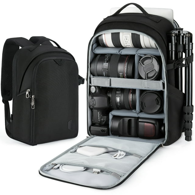 DSLR SLR Camera Backpack with Rain Cover Waterproof Men Camera Bags Cases Fits up to 15.6 Inch Laptop Tripod Holder Black-15.6inch