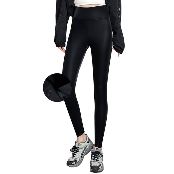Ahdbta High Waisted Leggings for Women Fleece Lined Tummy Control Leather Leggings Fall Winter Warm Thicken Stretch Tight Pants