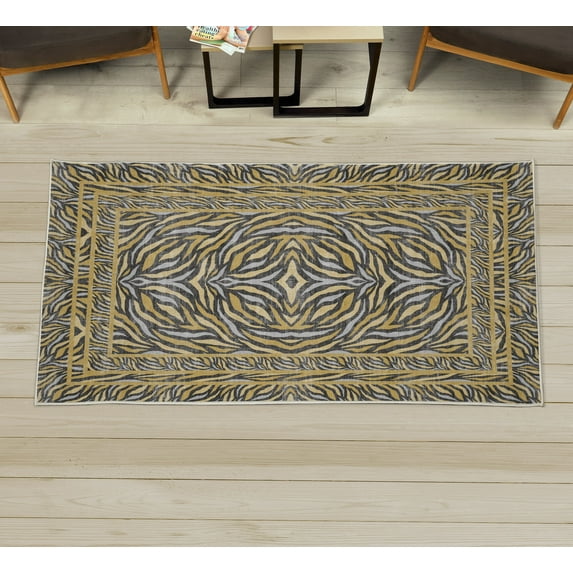 Abstract Decorative Rug, Modern Tiger Skin Inspired Print Leafy Shapes in Weathered Look Design, Quality Carpet for Bedroom Dorm and Living Room, 6 Sizes, Mustard, by Ambesonne