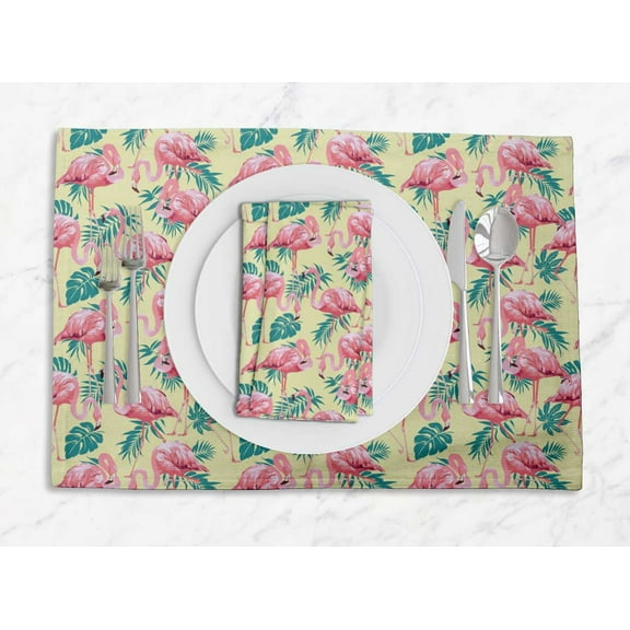 S4Sassy Yellow Tropical Leaves & Flamingo Bird Washable Printed Dining Reversible Tablemats With Napkins Set