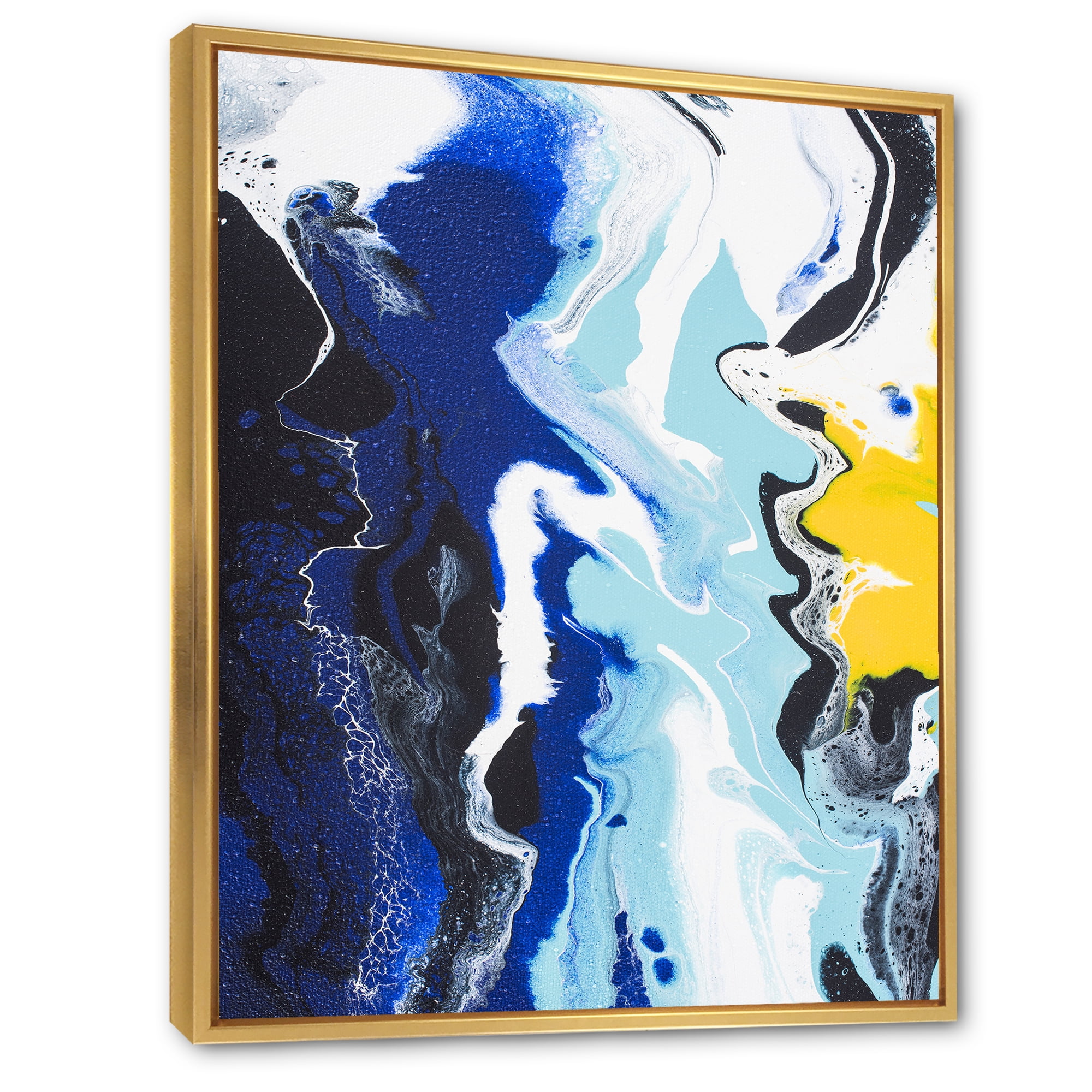 Abstract Blue and Yellow Waves 24 in x 32 in Framed Painting Canvas Art Print, by Designart