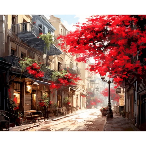 Landscape and architecture digital oil painting set: Hand-painted flowers on canvas for houses, streets, and home decoration, 40*50cm, without frame.,YBB-036