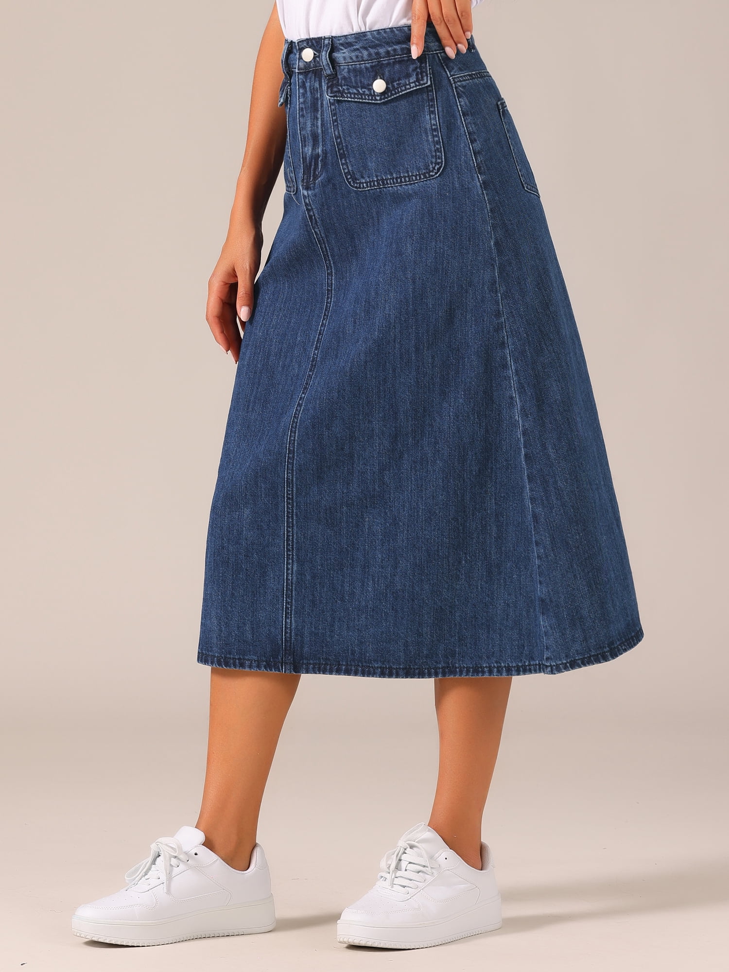 DARING DIVA Women's High Waisted Flap Pocket A-Line Vintage Denim Maxi Skirt M Dark Blue